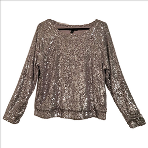 Cable & Gauge Silver Sequined Long Sleeve Round Neck Pullover Lined Top Size Med